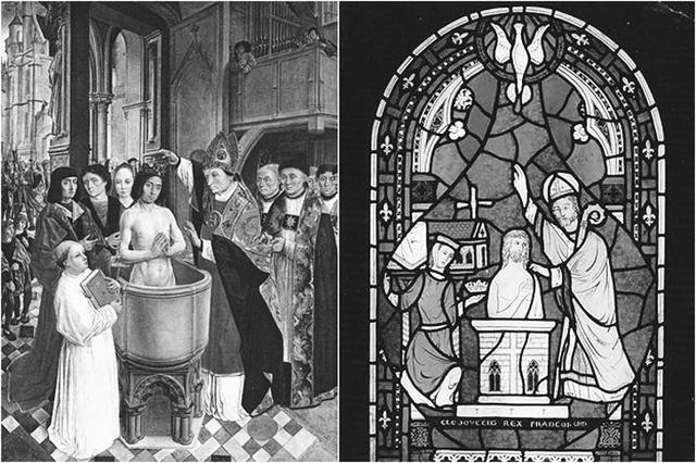 描绘克洛维受洗的绘画和教堂玻璃窗