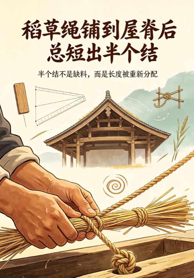 稻草绳铺到屋脊后总短出半个结