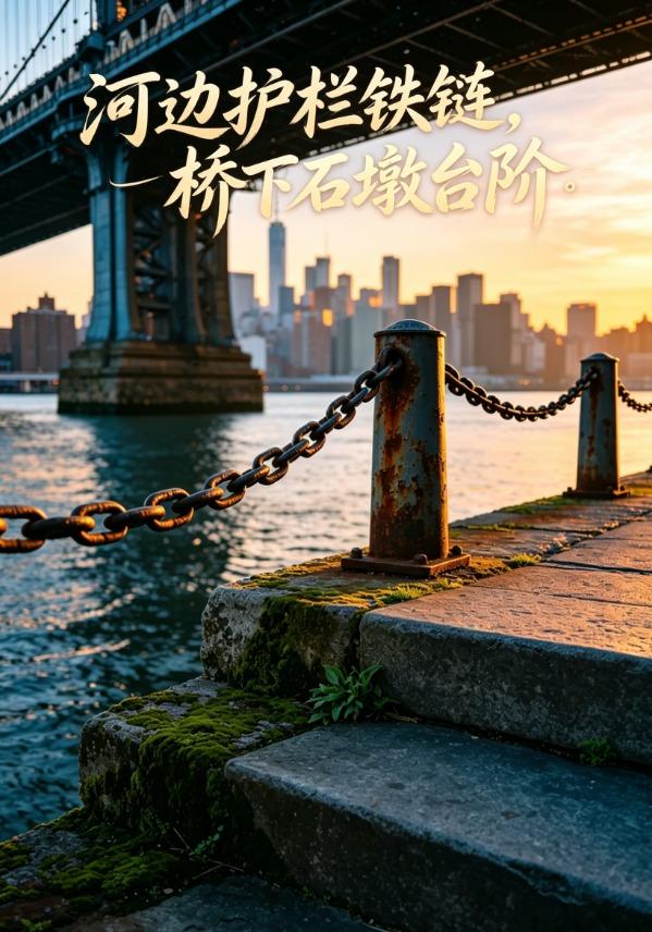 河边护栏铁链，桥下石墩台阶