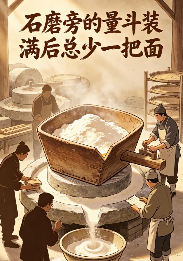 石磨旁的量斗装满后总少一把面