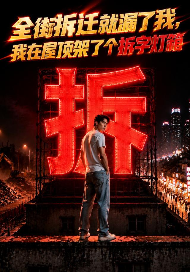 全街拆迁就漏了我，我在屋顶架了个拆字灯箱
