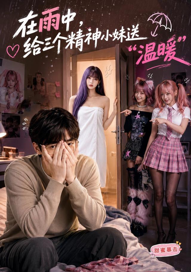 在雨中给三个精神小妹送“温暖”